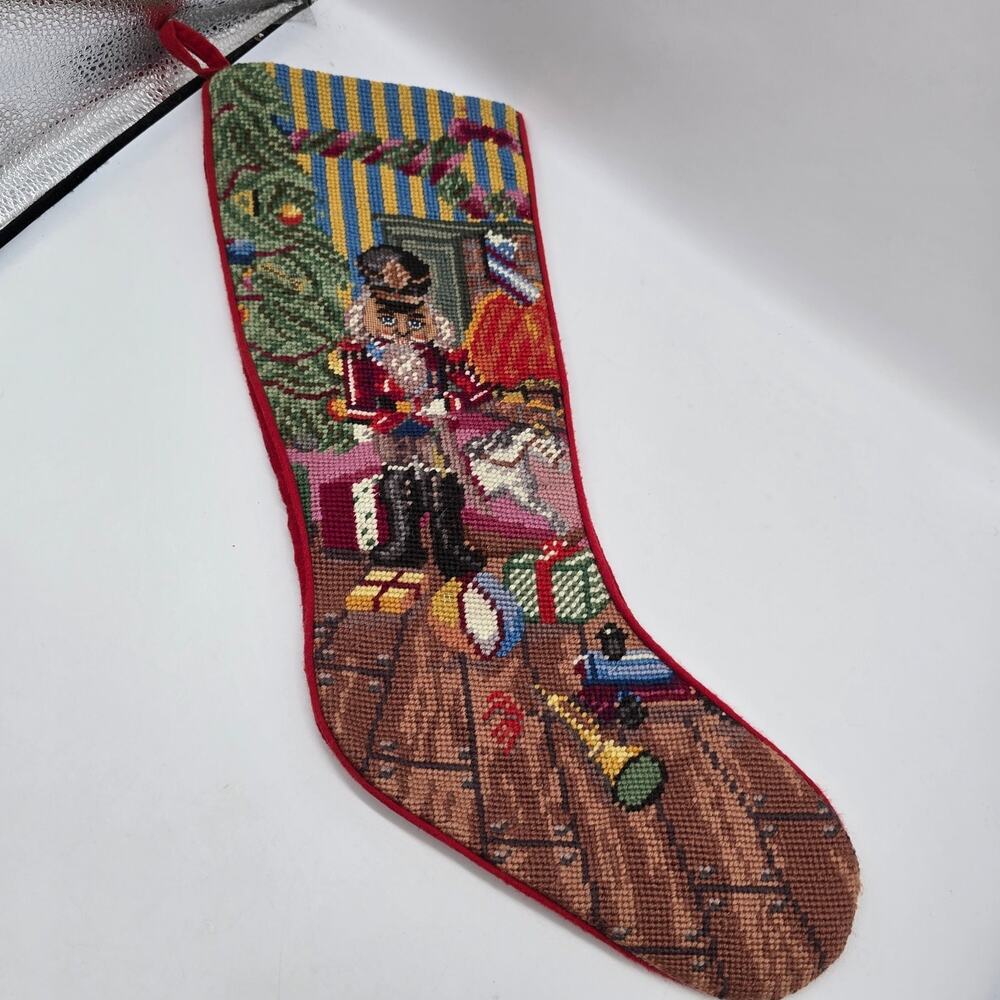 Vintage 100% Wool Needlepoint Christmas Toy Soldier Nutcracker Stocking Heirloom